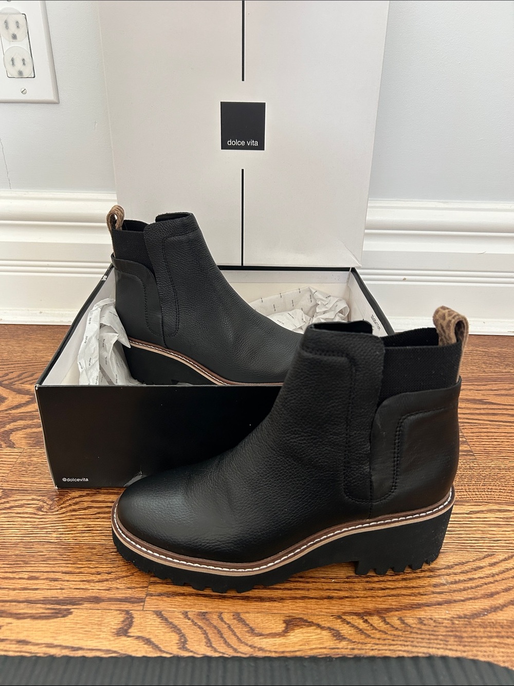 Dolce Vita Black Leather Chelsea Lug Ankle Boots with Brown Pull Tab- waterproof
